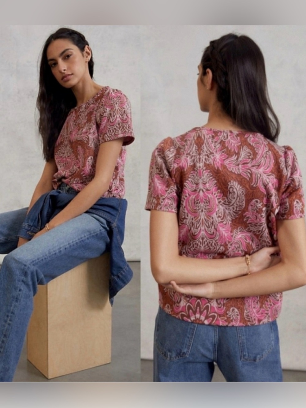 Anthropologie Pink Paisley Short-Sleeve Cotton Top size M - Picture 1 of 5